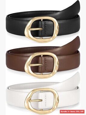 3 Pack Adjustable Faux Leather Belts Gold Buckle Women's Fashion Waist Belt